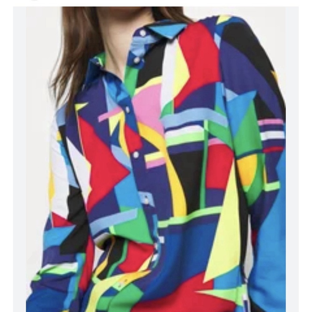 RALPH LAUREN PM M BLACK LABEL BRIGHT COLORFUL BLOUSE Artsy GEOMETRIC CREPE